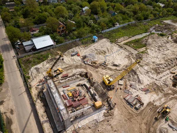 Aerial drone view. Bridge construction site in Kiev.