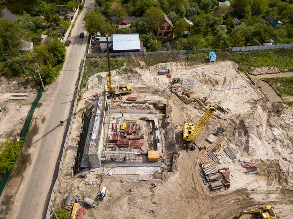 Aerial drone view. Bridge construction site in Kiev.
