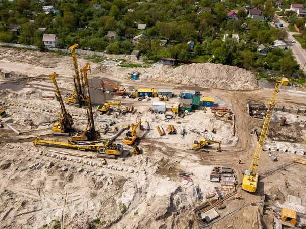 Aerial drone view. Bridge construction site in Kiev.