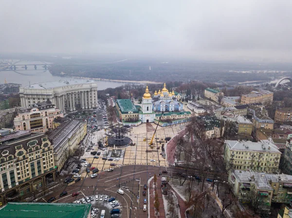 Vista Aérea Del Dron Las Calles Centrales Kiev Monasterio Cúpula — Foto de Stock
