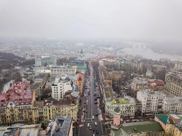 Luchtfoto Drone Uitzicht Centrale Straten Van Kiev Andreas Kerk Aan — Stockfoto