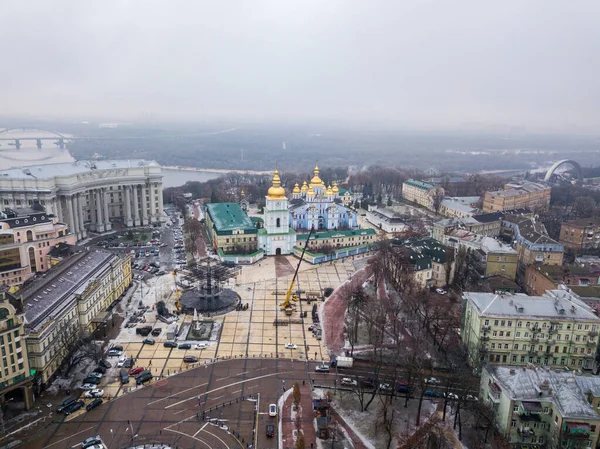 Vista Aérea Del Dron Las Calles Centrales Kiev Monasterio Cúpula — Foto de Stock