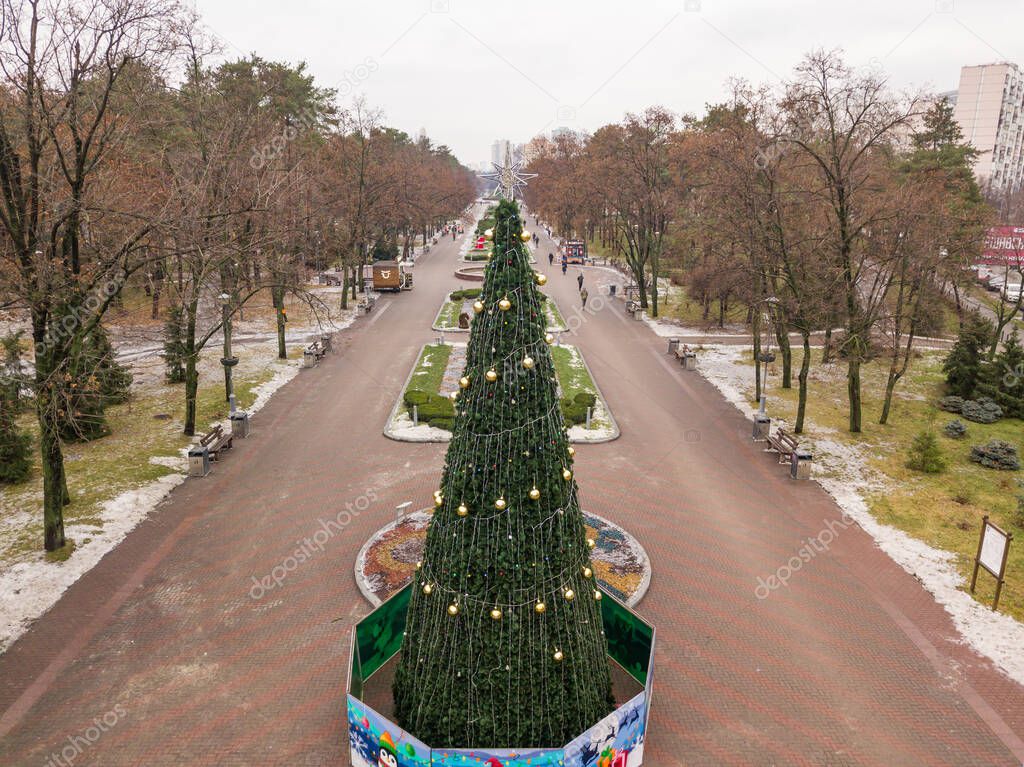 Aerial drone view of Kiev. New Year tree in the park.
