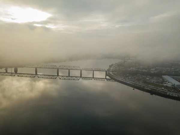 Aerial Drone View Railway Bridge Kiev Shrouded Morning Fog — Stock Photo, Image