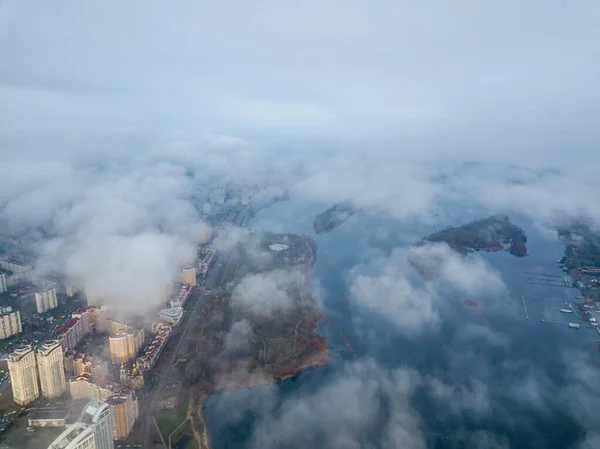 Vue Aérienne Sur Drone Nuages Bas Dessus Rivière Dniepr Kiev — Photo