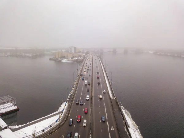 Vue Aérienne Sur Drone Pont Automobile Sur Rivière Dniepr Kiev — Photo