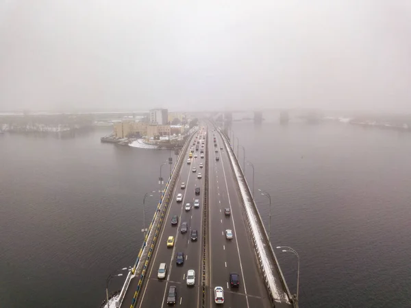 Aerial Drone View Automobile Bridge Dnieper River Kiev Morning Fog — Stock Photo, Image