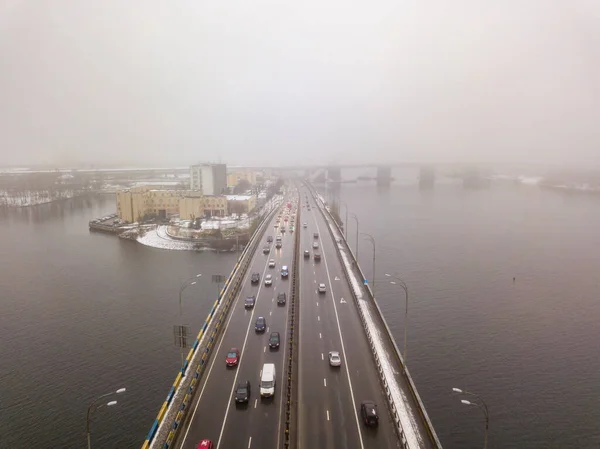 Vue Aérienne Sur Drone Pont Automobile Sur Rivière Dniepr Kiev — Photo