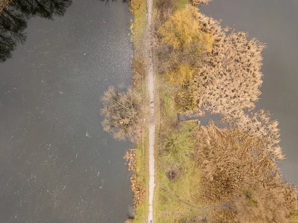 空中无人驾驶飞机视图 秋末的城市湖滨 — 图库照片