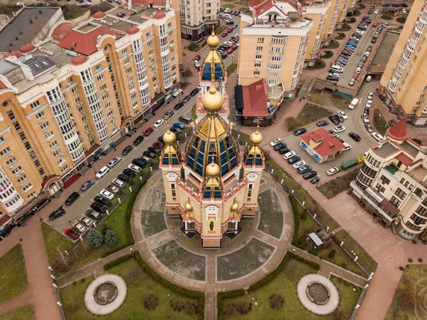 Luchtdrone Zicht Orthodoxe Kerk Obolon Kiev Een Bewolkte Ochtend — Stockfoto