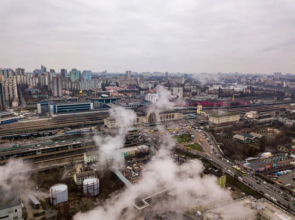 Vista Aérea Del Dron Edificio Estación Tren Kiev Través Del — Foto de Stock