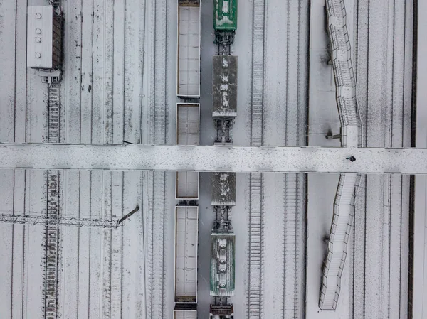 Hóval Borított Híd Vasút Felett Havas Nap Hóvihar Légi Drónra — Stock Fotó
