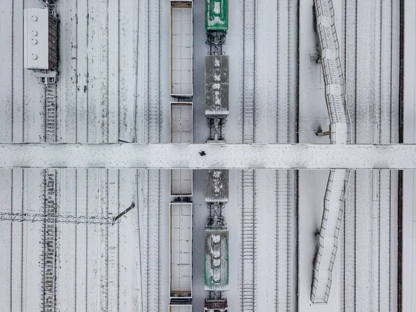 Hóval Borított Híd Vasút Felett Havas Nap Hóvihar Légi Drónra — Stock Fotó