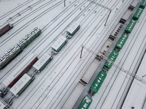 Snow-covered freight train at the station. Snowy day, blizzard. Aerial drone view.