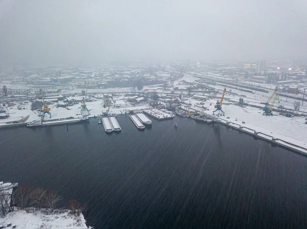 Blizzard Industrial Port Snowy Day Blizzard Aerial Drone View — Stock Photo, Image