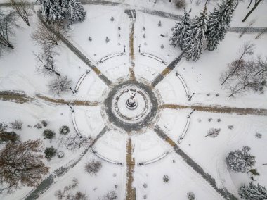 Kiev parkında karlı yollar. Hava aracı görüntüsü. Kış karlı sabah.