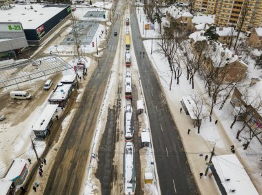 Karlı Kiev. Hava aracı görüntüsü. Kış karlı sabah.