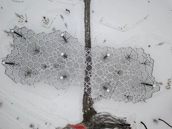 The road under a canopy in the park of Kiev. Aerial drone view. Winter snowy morning.
