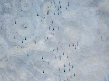 Buzdaki balıkçılar. Hava aracı görüntüsü. Kış güneşli sabah.