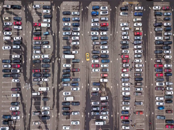 Cars in the parking lot. Aerial drone top view.