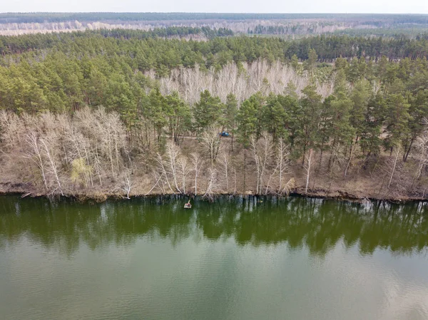 Costa Lago Florestal Início Primavera Vista Aérea Drones — Fotografia de Stock