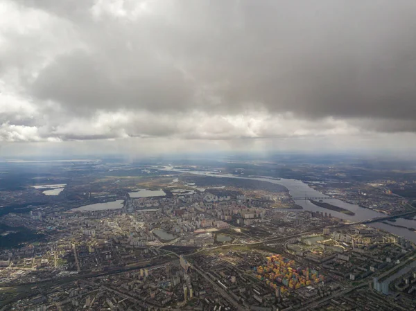 Kijev Városa Felhős Időben Légi Felvétel — Stock Fotó