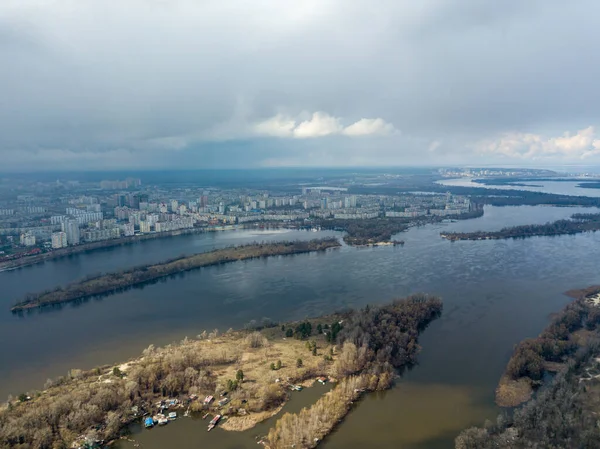 Río Dniéper Kiev Por Tarde Vista Aérea Del Dron — Foto de Stock