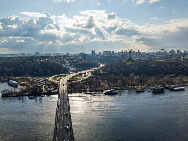 Pont Automobile Travers Rivière Dniepr Kiev Vue Aérienne Drone — Photo