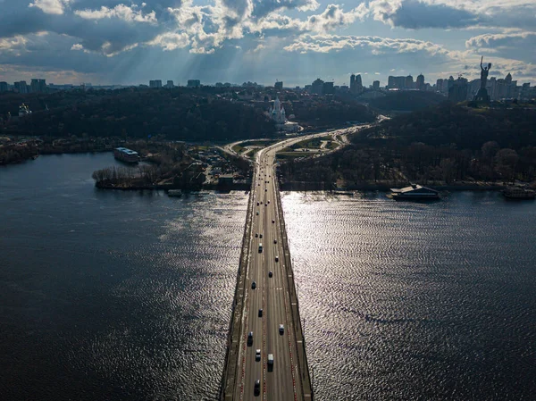 Pont Automobile Travers Rivière Dniepr Kiev Vue Aérienne Drone — Photo