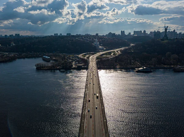 Pont Automobile Travers Rivière Dniepr Kiev Vue Aérienne Drone — Photo