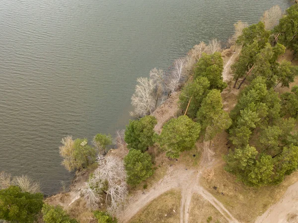 早春的森林湖岸 空中无人驾驶飞机视图 — 图库照片