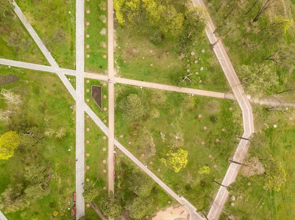 Percorsi Piedi Nel Parco Primavera Vista Aerea Drone — Foto Stock