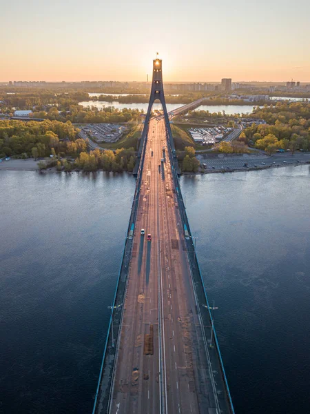 Pont Nord Kiev Rayons Soleil Levants Long Pont Lever Soleil — Photo