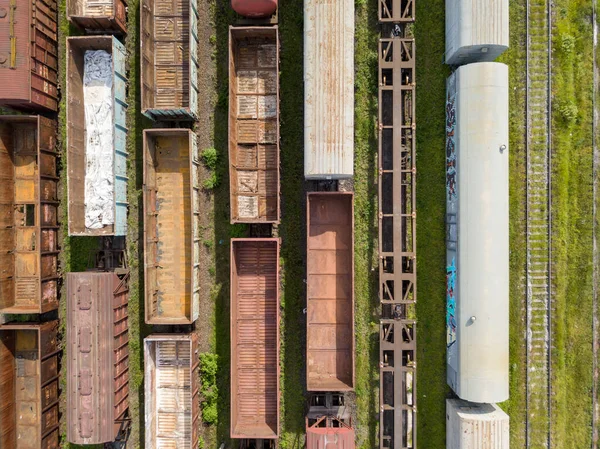 Les Trains Marchandises Sur Les Voies Ferrées Vue Aérienne Dessus — Photo