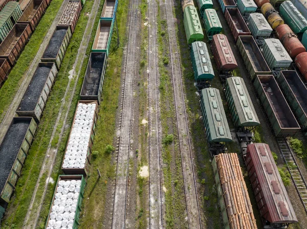 Treni Merci Rotaie Vista Dall Alto Del Drone Aereo Giorno — Foto Stock