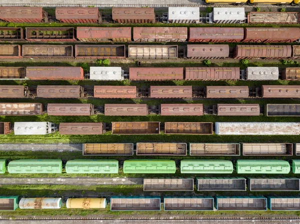 Freight Trains Railway Tracks Aerial Drone Top View Sunny Spring — Stock Photo, Image