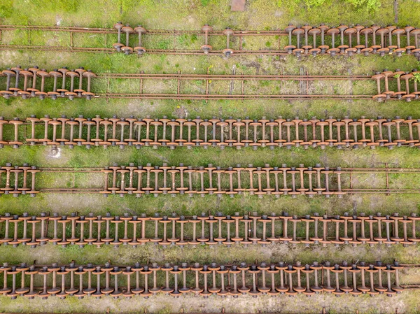 Wheels Railway Tracks Aerial Drone Top View Green Grass Background — Stock Photo, Image