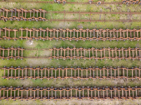 Wheels Railway Tracks Aerial Drone Top View Green Grass Background — Stock Photo, Image