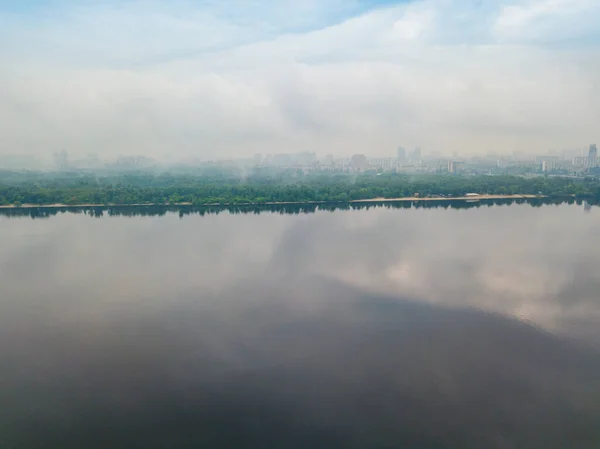 Dnieper River Kiev Spring Cloudy Morning Aerial Drone View — Stock Photo, Image
