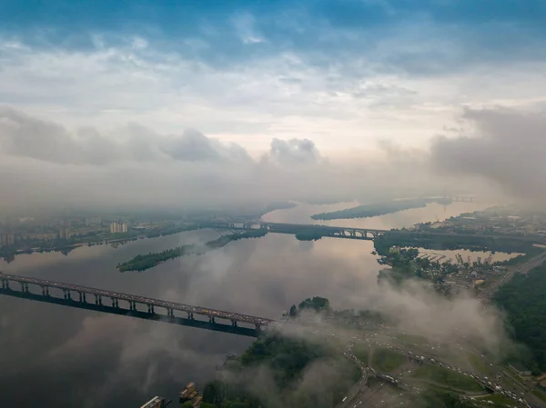 Vue Haute Sur Fleuve Dniepr Kiev Travers Les Nuages Matin — Photo