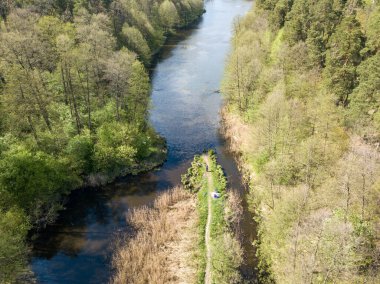 Baharda yeşil ağaçların arasında akarsu. Hava aracı görünümü.