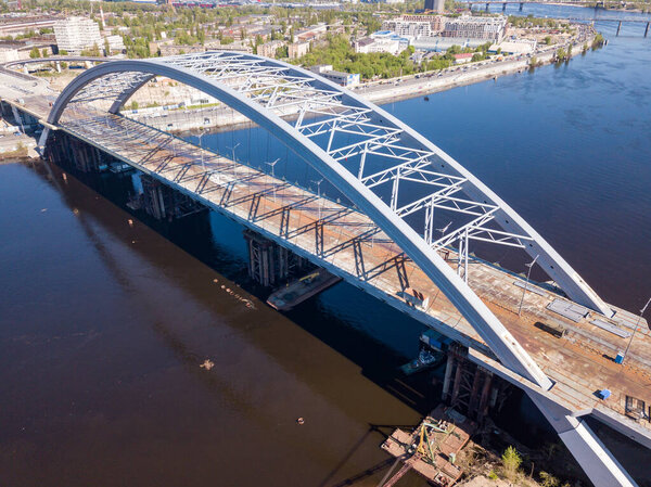 Unfinished bridge in Kiev. Aerial drone view.