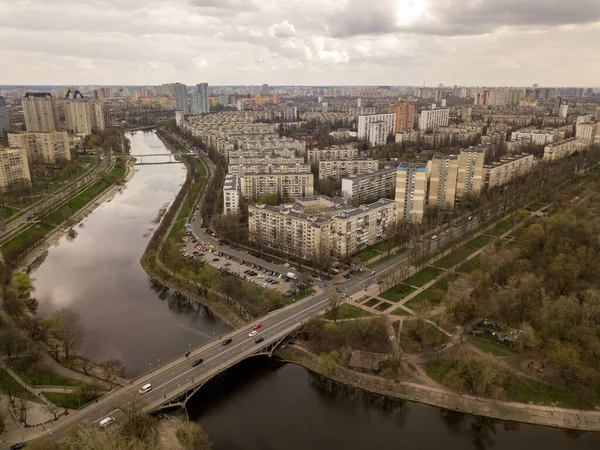 Жилой Район Киева Реки Воздушный Беспилотник — стоковое фото