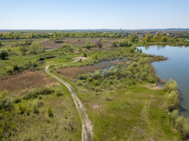 Yeşil bir çayırda nehir sızıntısı. Hava aracı görünümü.