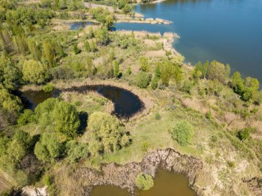 İlkbaharda ormandaki göl. Hava aracı görünümü.
