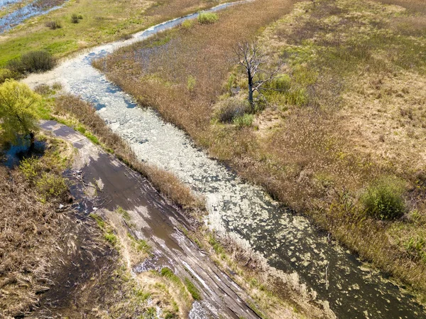 Řeka Teče Zelenou Louku Zobrazení Leteckých Dronů — Stock fotografie