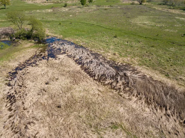 Flooded grass among the steppe. Aerial drone view.