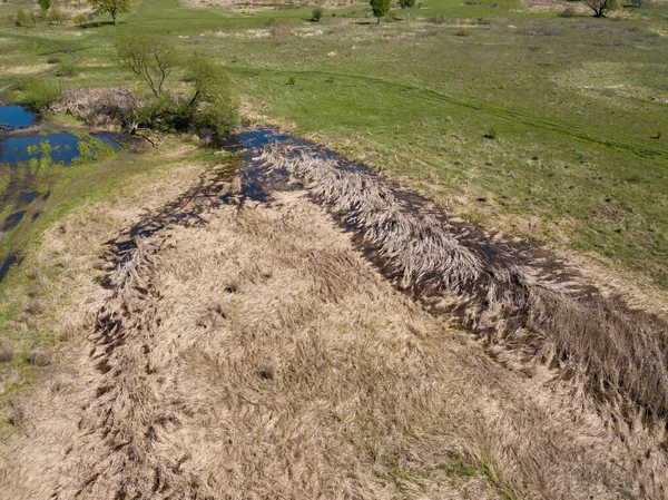 Flooded grass among the steppe. Aerial drone view.