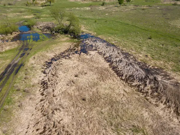 Översvämmat Gräs Bland Stäppen Flygdrönare — Stockfoto