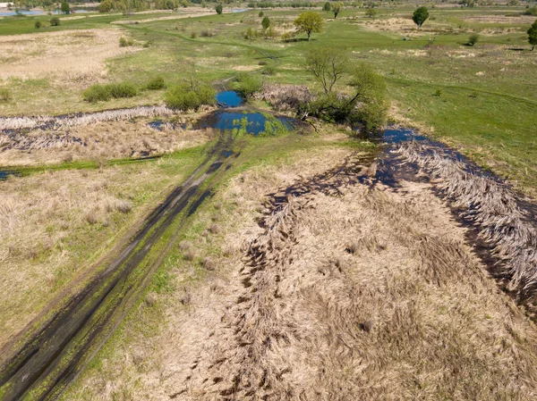 Flooded grass among the steppe. Aerial drone view.